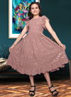 Peach Colour WHAT WESTERN stylish Party Wear Georgette embroidery mirror work Frock Kids Girls Wear Collcetion WHAT 03